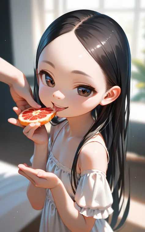 masterpiece,best quality,ultra-detailed,super detailed skin,perfect anatomy,detailed,beautiful detailed eyes,long hair,forehead,straight hair,black hair,black eyes,(loli:1.2),petite,flat chests,(naughty face:1.2),
feeding,blurry background