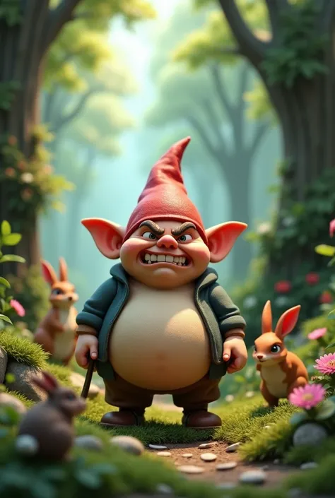 The 3D image of a 30cm , pot-bellied, with an angry face,  gnome surrounded by forest and animals 