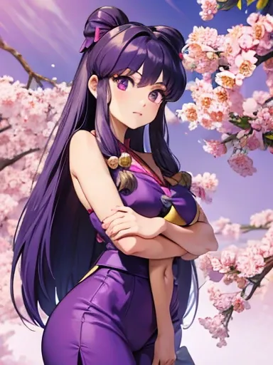 Ranma 1 Shampoo/2 ,  realistic , NSFW,  Girl with long hair, purple hair and bows,  busty  , 