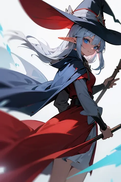 An elf girl with silver hair and blue eyes, she wears a red uniform with a red skirt and a black mage robe. She carries an ice bow. She has a friendly look. She wears a witch hat.