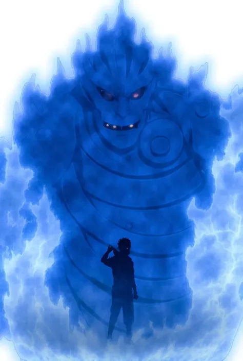 Anime illustration of Susanoo, a translucent spirit that forms around its user. The user of Susanoo is a character standing inside the spirits translucent body. This is a digital drawing in a stylized, anime-inspired art style, depicting Susanoo from the p...