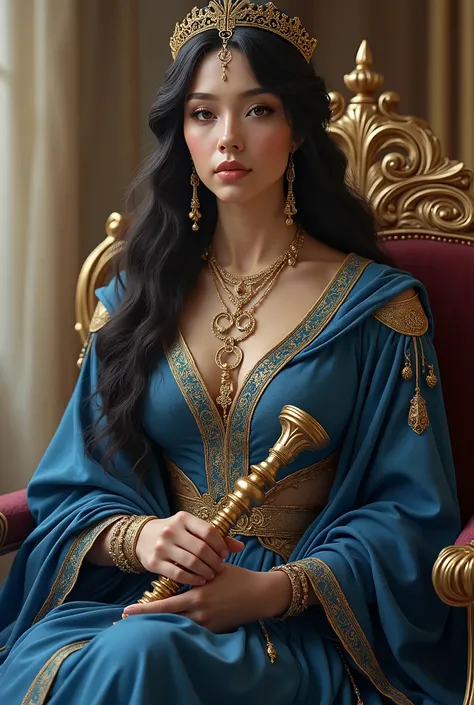 A regal and graceful princess wearing flowing robes of deep blue and gold, decorated with delicate patterns signifying her royal and wise nature. She holds a royal scepter or scroll, representing her influence and wisdom. Her expression is serene, with tho...