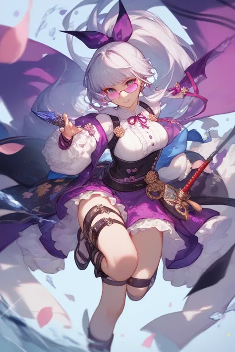 Violet-eyed girl , without glasses.  With long, silver hair with a purple piece,  tied in a tall ponytail .  She wears a short kimono with a floral print in shades of violet and pink. One of her sleeves falls down her shoulder .  She has a belt on her righ...