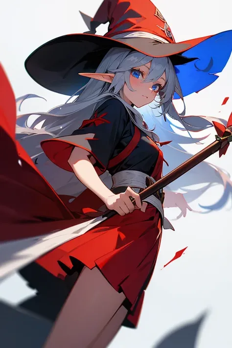 An elf girl with long silver hair and blue eyes, she wears a red uniform with a red skirt and a black mage robe. She carries a bow and ice magic arrows. She has a friendly look. She wears a witch hat.