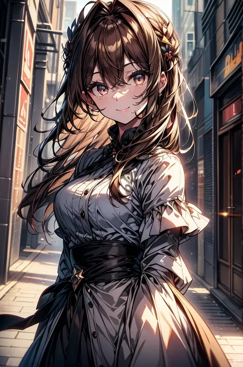 (( better quality, 8k,  masterpiece  :1.3)), 1 ,  smiling,  full body , roasted fine, Pretty Woman, (dark brown hair), long dress :1.1,  face,  detailed eyes ,  double eyelid ,  blurry background, roasted fine,  city, outside, two,