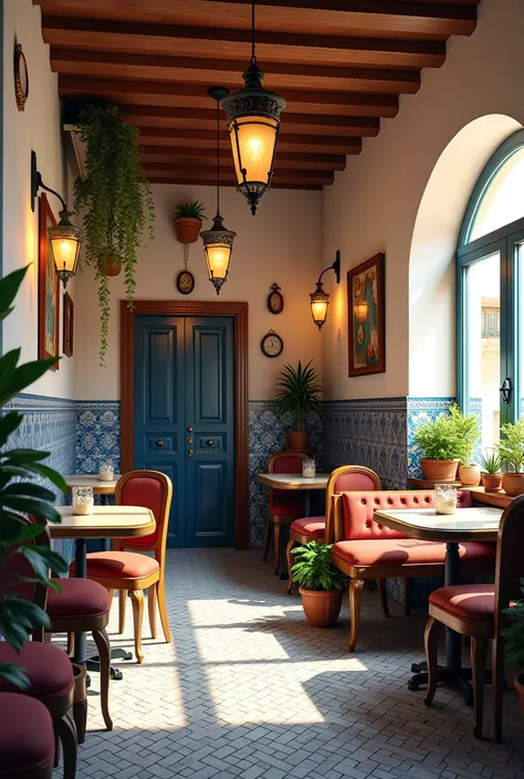  Restaurant interior with window on the right and door in the back, decorated with blue Sicilian tiles  