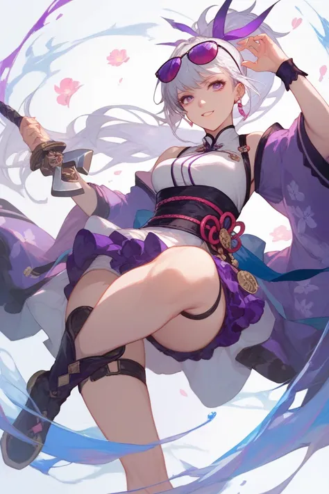 Violet-eyed girl .  With long, silver hair with a purple piece,  tied in a tall ponytail .  She wears a short kimono with a floral print in shades of violet and pink. One of her sleeves falls down her shoulder .  She has a belt on her right leg where a bla...