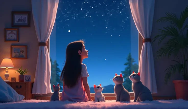  with 3D Pixar animation , There are 、 long haired girl sitting by the window、 gray cats and white cats in the night scene 、 staring at the sky full of stars .