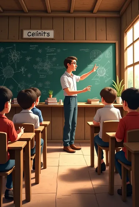 A teacher explaining science concepts to students in a simple, rustic schoolroom.