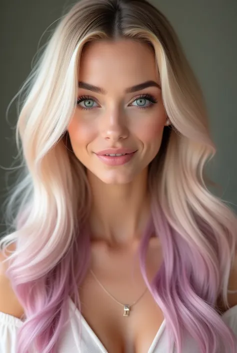 A beautiful influencer with long blonde hair, some pink and lilac locks. She has blue and green eyes, bright and magnetic, and a harmonious face with delicate features and a charming smile. The skin is clear and radiant, with natural makeup that enhances i...