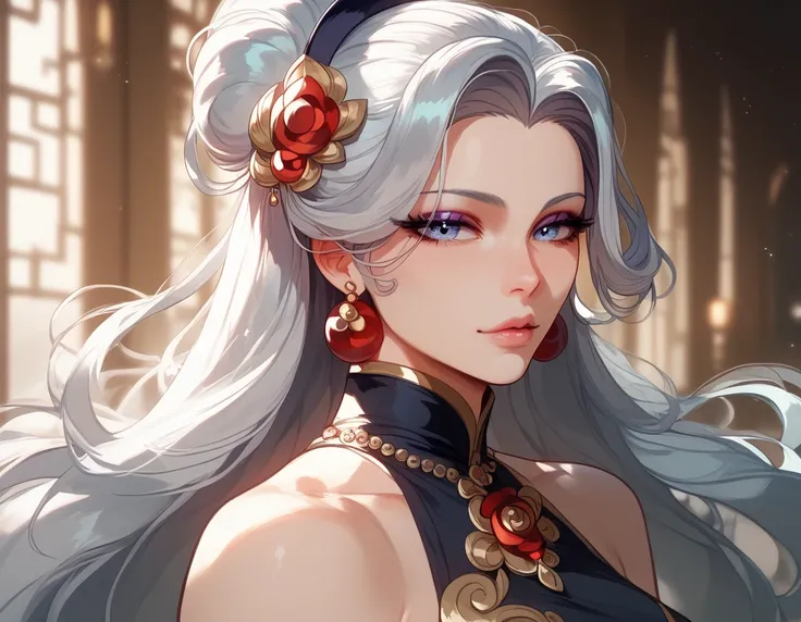 perfect eyes、 perfectly sexy face、 ultra detailed 、ultra perfect eyes、Holo、 An elegant woman with silver hair and moon symbols on her skin. Wears dark clothes with shimmering elements.