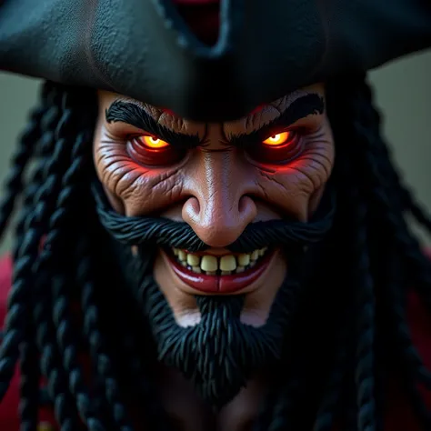 The focus is on Blackbeards face with his braids that glow at the ends with a black pirate hat and a devilish grin 