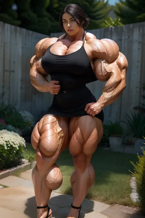 Most muscular biceps pose, gorgeous Short nerdy Chinese teenaged girl revealed to be muscular, 1girl, full body picture high heels, hyper gigantic muscles ripped , bulked hyper muscles, hyper detailed and vascular, powerhouse, black hair, alabaster skin, s...