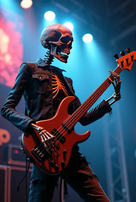 Realistic image of a human skeleton as a character, a bassist of a rock band. He is playing the electric bass on stage with neon lights, smoke, and a giant screen behind him.