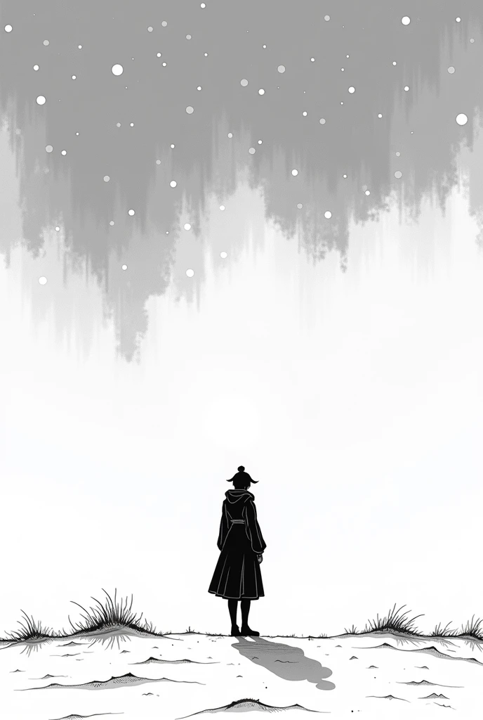 a drawing of a person standing in front of a snow covered sky, a manga drawing inspired by Matsumura Goshun, tumblr, conceptual art, pin on anime, in manga style, black and white manga style, black and white manga page, black and white manga panel, tsutomu...