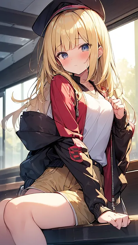 (Masterpiece, Top quality: 1.5), 1 beautiful girl, (blonde:1.3), medium Hair, wavy Hair, blunt bangs, silky hair, junior high school student, standard weight, medium breasts, (cool jacket, Shorts :1.3), cap:1.1, happy, (blush:1.2), beautiful scene of  subw...