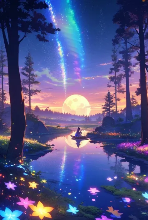 , a magical forest at sunset, full of tall trees with sparkling leaves as if decorated with stars, while a faint blue light emanates from the ground.  in the middle of the forest, a river that glows in the colors of the rainbow, and on its banks sits a str...