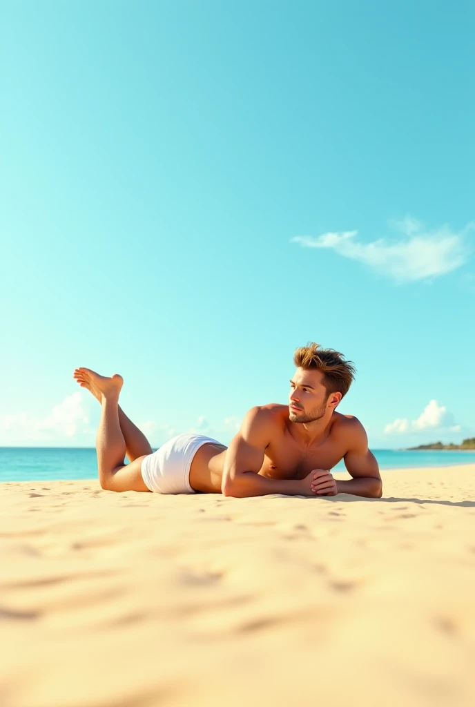 A man in white swimming trunks, Lying on the beach sand, hair in the wind.