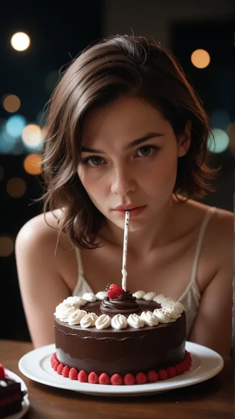 cinematic film still chocolate, chocolate cake, dark background, quality photo, moist texture, frosting, studio photo, slice . shallow depth of field, vignette, highly detailed, high budget, bokeh, cinemascope, moody, epic, gorgeous, film grain, grainy