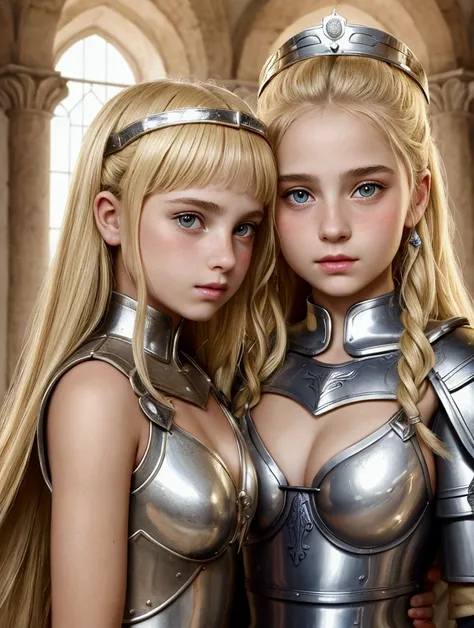 two italy sisters, twins sisters portrait break: 1 girl, teenager 12,1.2, roman warrior, queens blade , blonde, detailed face. break: second girl, teenager 12,1.2, roman warrior, princess blade ,teenager girl, small breasts, mini cropped, valkyrian princes...