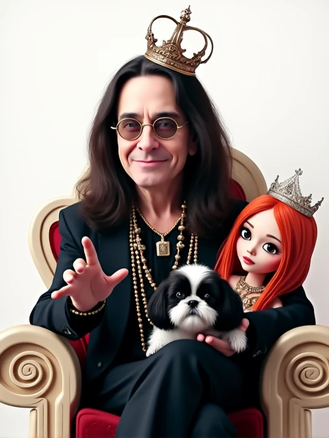 Ozzy Osbourne sitting in a King , using crown,  holding a black and white Shitzu in her lap and next to Ozzy, An orange-haired woman,  Pretty and crowned princess .