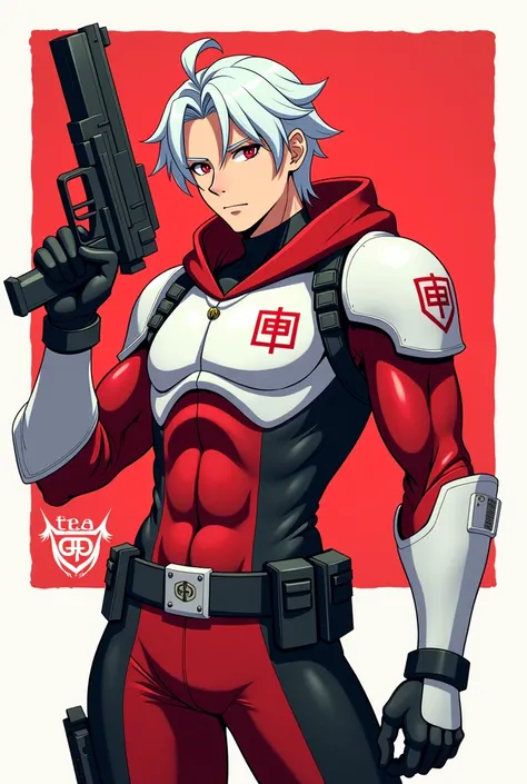 anime style illustration of a man in a red and white outfit holding a gun, concept art inspired by Victor Mosquera, pixiv, shin hanga, white and red armor, jett from valorant, red armor, sage ( valorant ), valorant character, hq 4k phone wallpaper, badass ...