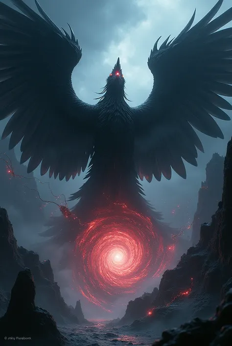 Raven monster with six wings eating a black hole