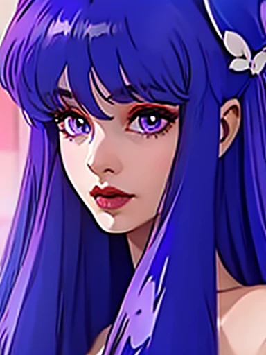 shampoo,   delicate face  ,  violet eyes , perfect detailed full lip makeup  ,   red lipstick, Very long purple hair,   Not suitable for work , big, ,    slim body ,    realistic   