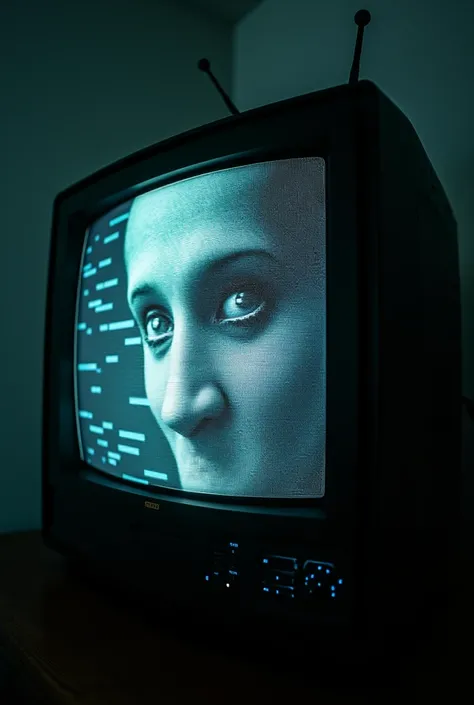  A TV screen showing static in close up . Inside the static ,  the outline of an ominous face begins to emerge,  with fixed eyes that seem to cross the screen .