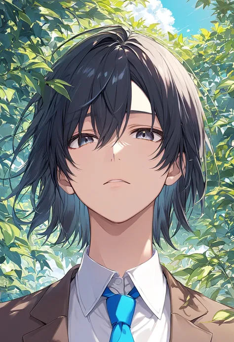 （extremely detailed CG:1.5）、（crisp quality:1.5）、 mature male 、Alone、Beautiful Youth、（detailed facial depiction :1.3）、Short Hair、Straight Hair、 black hair、tsurime、 dark eyes、 No Emotion、sharp eyes、 school uniform、Brown blazer、 White collared shirt 、 blue ti...