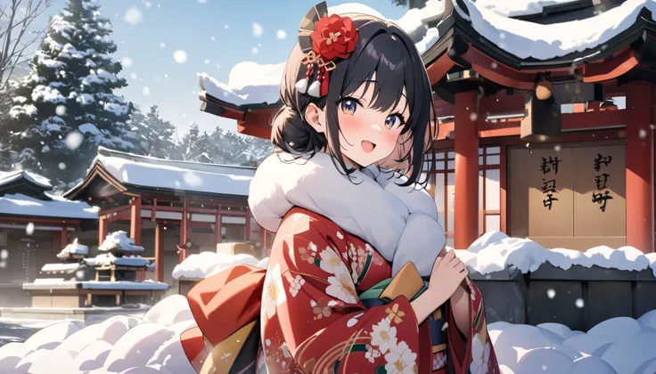  top quality , girl in kimono, cute,shrine, snow is piled up,new year