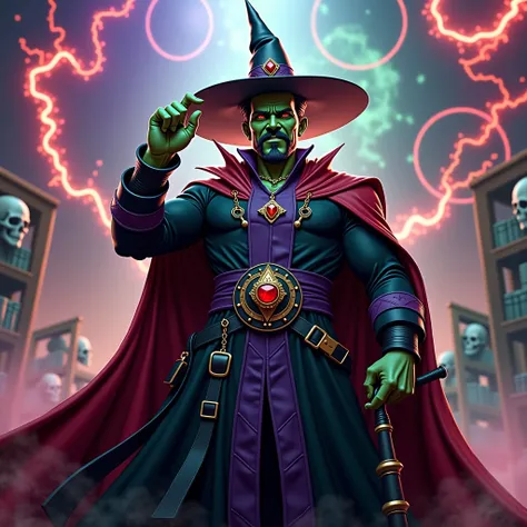 3d marvel cartoon artstyle, dr strange as a wicked wizard, evil smile, thick crooked eyebrows, green skinned, red viper eyes, tall, american, handsome, mesomoprhic body shape, flexing gigantic muscles, broad shoulders and chest, black dr strange corook goa...