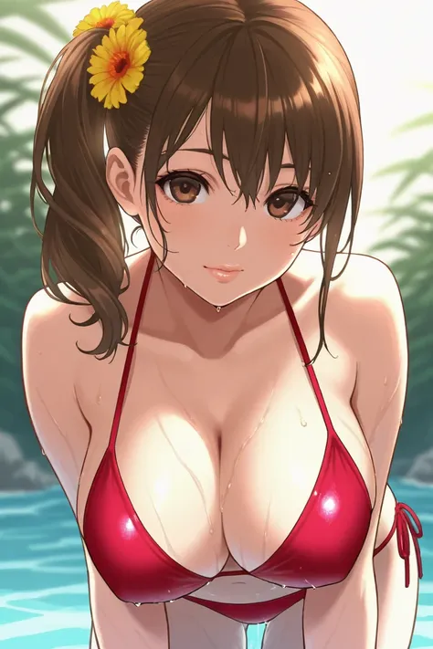 アルバイト中,brown eyes, brown hair, large breasts, side ponytail, lips, bikini, wet,