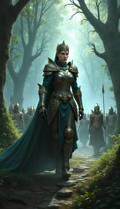 "A valiant warrior queen in elegant battle armor, with a crown-like helmet and a long flowing cloak, leading her army through a dense mystical forest, glowing magical aura".

