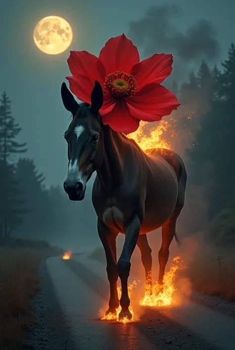 "Ultrarealism, a headless mule with a mutated head replaced by a large red flower, with intense and vibrant petals. Fire glows from the mules neck, surrounded by smoke and flames. Its hooves strike the dark road, creating a tense atmosphere. The full moon ...