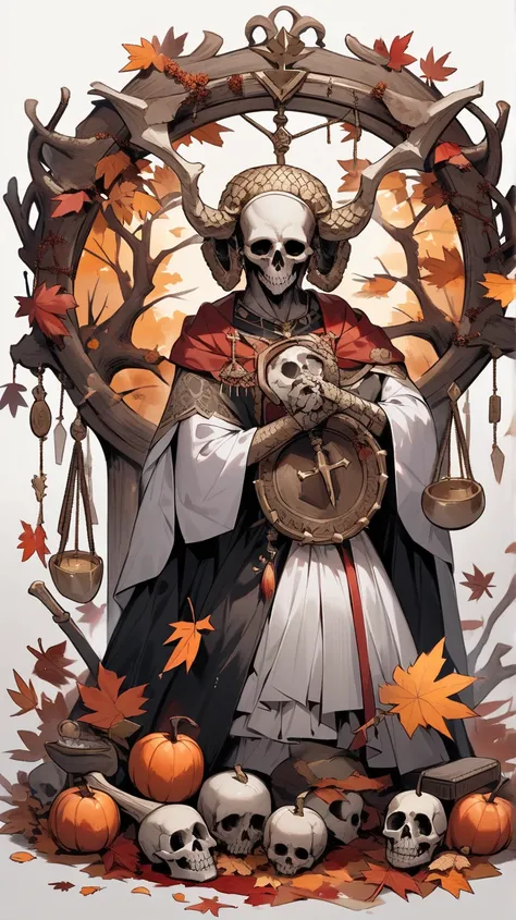 Make me a picture of a skull holding a symbol of the scales of justice with blood and autumn ornaments