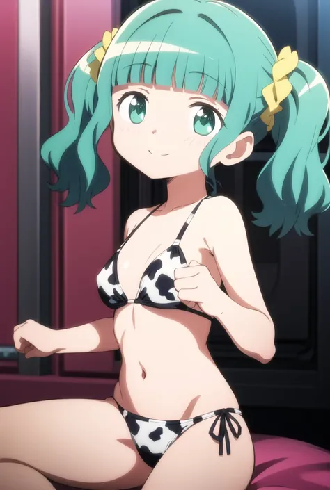 1 niña, Solo, turquoise hair, Sonrisa, Ojos turquesa, twintails, cow print bikini, 