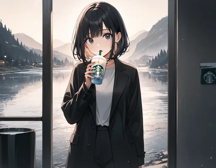 masterpiece,  top quality ,  great quality,  very sophisticated ,  high res,  manga master ,  1 girl, Alone,  viewers, thighs,chest, bangs, Bob,  black hair,  black eyes,  Starbucks in l, open her mouth ,Large droopy eyes, shines light from the front,valle...