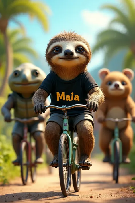  8k image of a turtle , a slug, a real sloth ,  a koala and a seahorse ,  all pedaling bicycles ,  the real sloth is in front ,  and she is wearing a black shirt written Maia in yellow