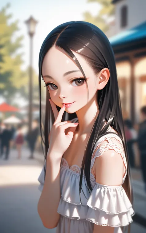 illustration,masterpiece,best quality,ultra-detailed,super detailed skin,perfect anatomy,detailed,beautiful detailed eyes,long hair,forehead,straight hair,black hair,black eyes,(loli:1.2),petite,flat chests,(naughty face),
Whispering in the ear,blurry back...