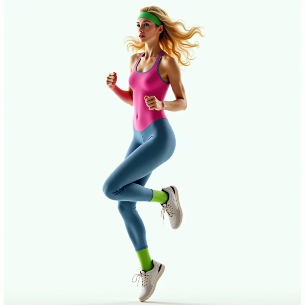 Photorealistic, 4k, detailed, woman in 80s fitness outfit, wearing leggings and one-piece swimsuit, blue leggings and pink swimsuit, has green headband on forehead, sports shoes on feet and is wearing green, wrinkled socks.

WHITE BACKGROUND. snowy white.
...