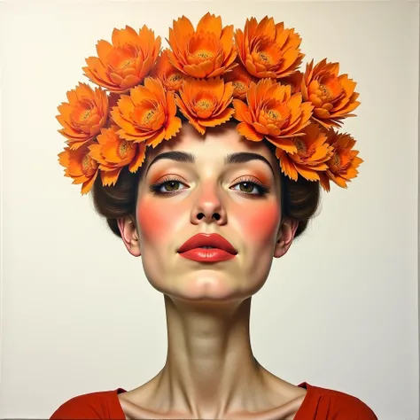 The woman with flowers on her head is an acrylic painting, im Stil von Lucy Glendinning, Tony Diterlizzi, organic and naturalistic compositions, flower explosions, giant pimple, light orange and brown, cheerful faces --ar 3:4 -