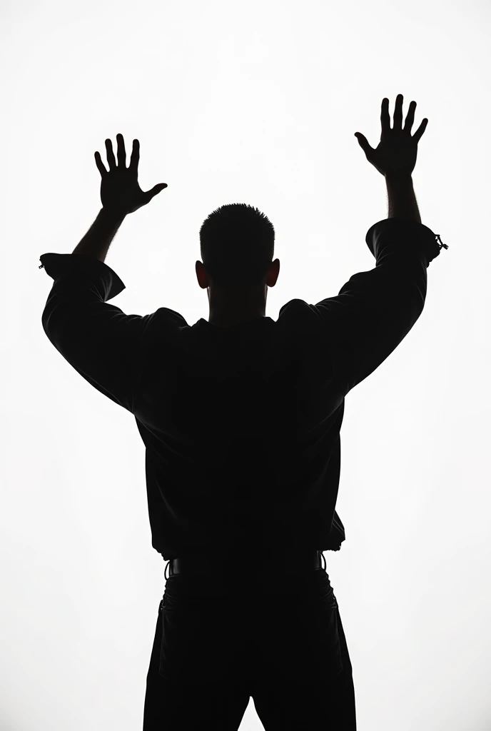 black silhouette of a man , standing straight, viewed from behind, with his arms raised high