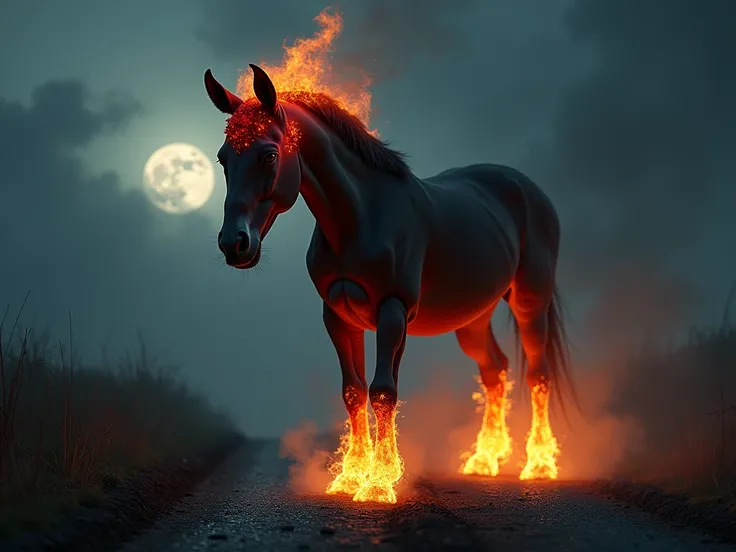 "Ultrarealism, a hybrid mule with a carnivorous red flower, matte and blood-colored, as its head. Fire glows from the mules neck, surrounded by smoke and flames. Its hooves strike the dark road, creating a tense atmosphere. The full moon is visible in the ...