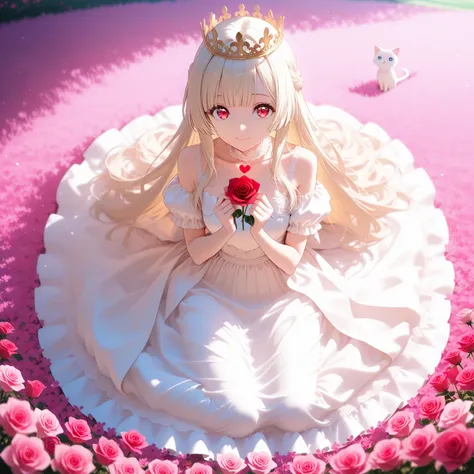 A white cat princess with ピンク hair, bangs,  long hair ,  beautiful faces,  big eyes,  so cute,  Wears a white princess dress ,Wearing a beautiful crown of hearts ,  In a flower field that isnt that large  ,  Rose，
 She has a lot of hearts flying.