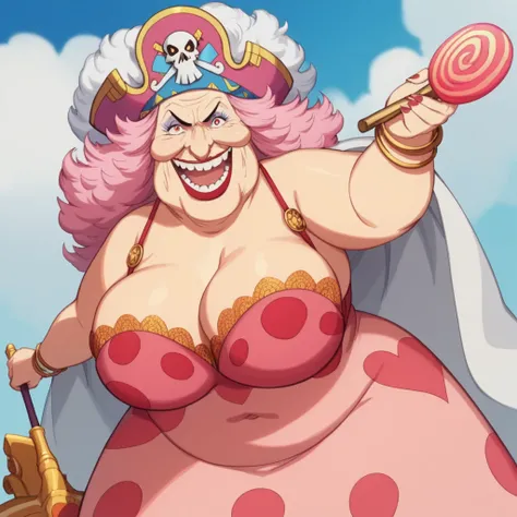 Create an image of a towering and powerful pirate queen with an aura of dominance and chaos. She has wild, flowing pastel-colored pink hair and a wide, menacing grin. Her outfit is flamboyant, featuring a vibrant dress with candy-themed patterns and gold a...