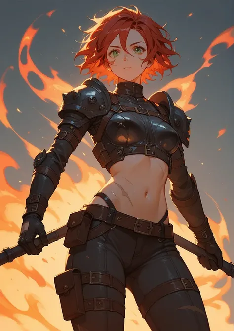  score_9, score_8_up, score_7_up, (solo), 1girl, tall, red-haired, medium breast, short hair, scars, leather armor, scars on body, strong body, belt, leather glove with metal elements on the right hand, green eyes, disheveled hair, sexy, belt bags, bombs, ...