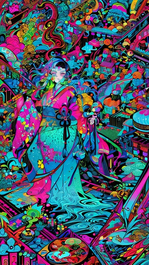 8k,masterpiece,  top quality , １Beautiful women,正しい    kimono, The    kimono pattern is modern,32K Wallpaper,   very detailed, poster, geometric movie poster, glow in the dark  ，Bioluminescent color sparkles  ,Captivating psychedelic surreal neon amazing u...