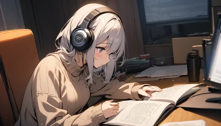  top quality , girl in sweater ,At the desk, reading a book, headphones,Warm room 