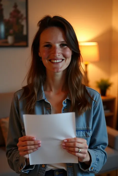 femme 30 ans, se prenant en photo le soir dans son salon habillée décontractée, avec une feuille de papier entre les mains de face, cheveux lisse, avec un sourire charmeur au visage réaliste et naturel